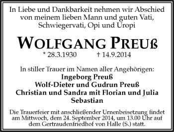 Traueranzeige von Wolfgang Preuß von Mitteldeutsche Zeitung Halle/Saalkreis
