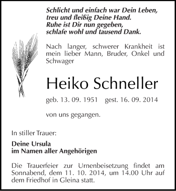 Traueranzeige von Heiko Schneller von Mitteldeutsche Zeitung Naumburg/Nebra