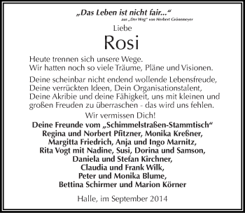 Traueranzeige von Rosi  von Mitteldeutsche Zeitung Halle/Saalkreis