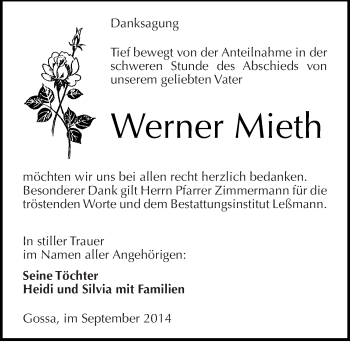 Traueranzeige von Werner Mieth von Mitteldeutsche Zeitung Bitterfeld