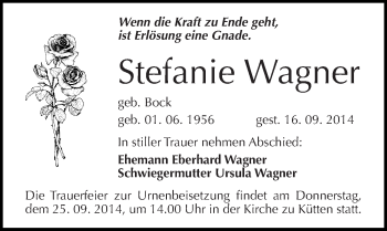 Traueranzeige von Stefanie Wagner von Mitteldeutsche Zeitung Halle/Saalkreis