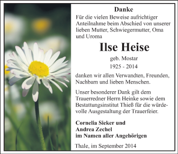 Traueranzeige von Ilse Heise von Mitteldeutsche Zeitung Quedlinburg