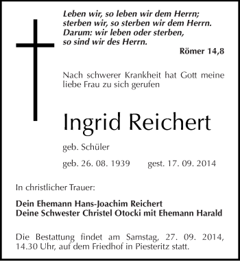 Traueranzeige von Ingrid Reichert von Mitteldeutsche Zeitung Wittenberg
