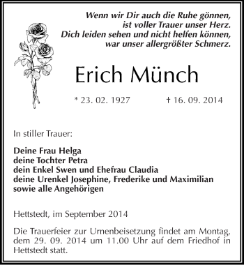 Traueranzeige von Erich Münch von Mitteldeutsche Zeitung Mansfelder Land
