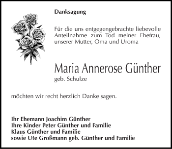 Traueranzeige von Maria Annerose Günther von Mitteldeutsche Zeitung Dessau-Roßlau