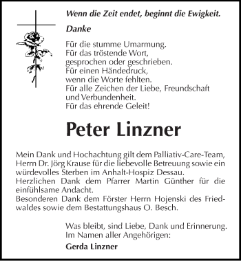 Traueranzeige von Peter Linzner von Mitteldeutsche Zeitung Dessau-Roßlau