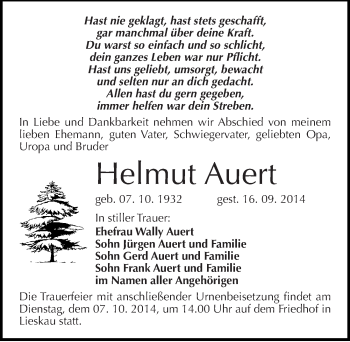 Traueranzeige von Helmut Auert von Mitteldeutsche Zeitung Merseburg/Querfurt