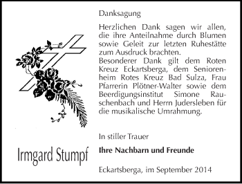 Traueranzeige von Irmgard Stumpf von Mitteldeutsche Zeitung Naumburg/Nebra