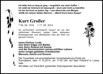 Traueranzeige von Kurt Großer von Mitteldeutsche Zeitung Naumburg/Nebra