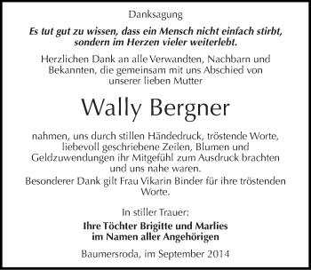 Traueranzeige von Wally Bergner von Mitteldeutsche Zeitung