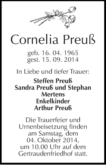 Traueranzeige von Cornelia Preuß von Mitteldeutsche Zeitung Halle/Saalkreis