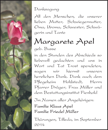 Traueranzeige von Margarete Apel von Mitteldeutsche Zeitung Sangerhausen