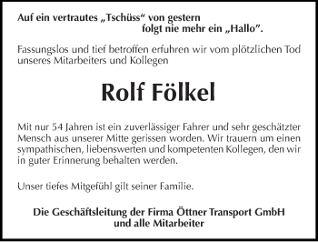 Traueranzeige von Rolf Fölkel von Mitteldeutsche Zeitung Naumburg/Nebra