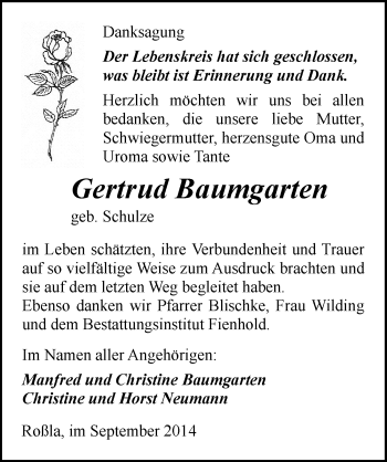 Traueranzeige von Gertrud Baumgarten von Mitteldeutsche Zeitung Sangerhausen