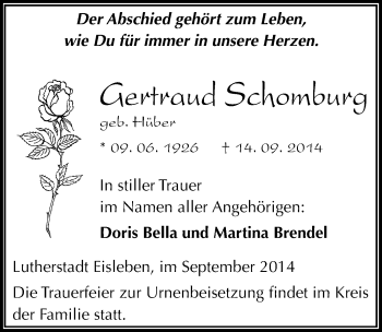 Traueranzeige von Gertraud Schomburg von Mitteldeutsche Zeitung Mansfelder Land