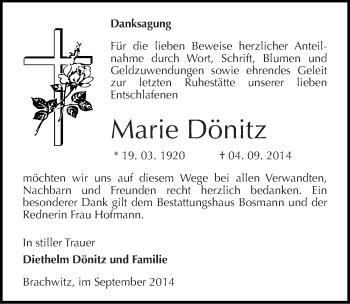 Traueranzeige von Marie Dönitz von Mitteldeutsche Zeitung Halle/Saalkreis