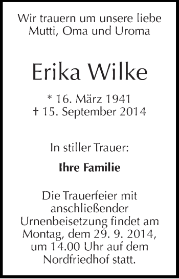 Traueranzeige von Erika Wilke von Mitteldeutsche Zeitung Halle/Saalkreis