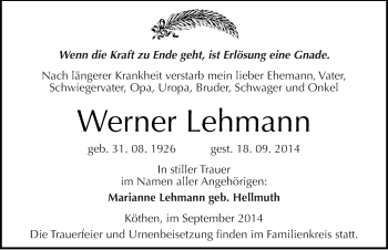 Traueranzeige von Werner Lehmann von Mitteldeutsche Zeitung Köthen