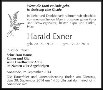 Traueranzeige von Harald Exner von Mitteldeutsche Zeitung Mansfelder Land