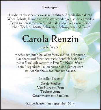 Traueranzeige von Carola Renzin von Mitteldeutsche Zeitung Sangerhausen