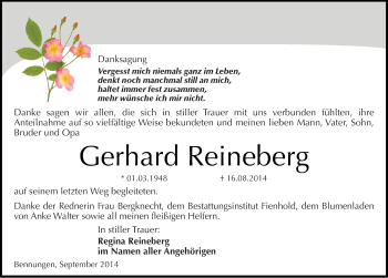 Traueranzeige von Gerhard Reineberg von Mitteldeutsche Zeitung Sangerhausen