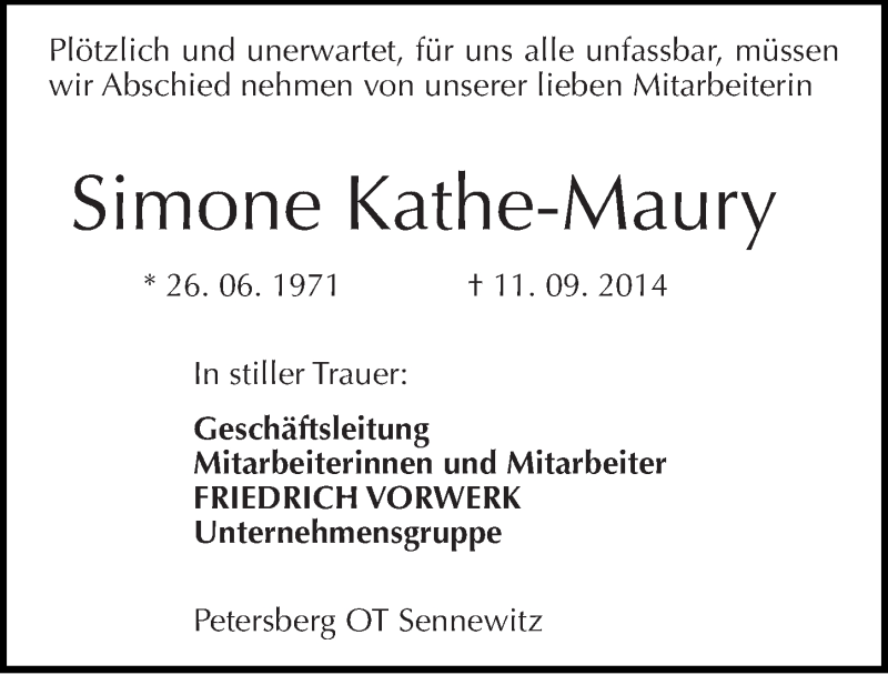  Traueranzeige für Simone Kathe-Maury vom 20.09.2014 aus Mitteldeutsche Zeitung Halle/Saalkreis
