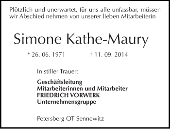 Traueranzeige von Simone Kathe-Maury von Mitteldeutsche Zeitung Halle/Saalkreis