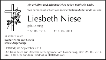 Traueranzeige von Liesbeth Niese von Mitteldeutsche Zeitung Mansfelder Land