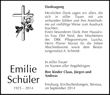 Traueranzeige von Emilie Schüler von Mitteldeutsche Zeitung Naumburg/Nebra