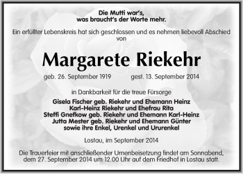 Traueranzeige von Margarete Riekehr von Mitteldeutsche Zeitung Mansfelder Land