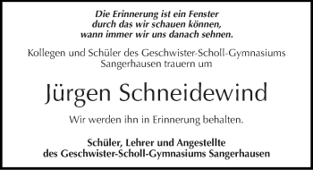 Traueranzeige von Jürgen Schneidewind von Mitteldeutsche Zeitung Sangerhausen