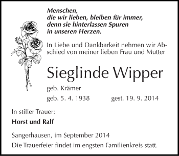 Traueranzeige von Sieglinde Wipper von Mitteldeutsche Zeitung Sangerhausen