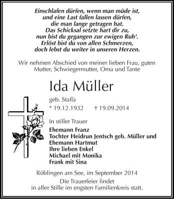 Traueranzeige von Ida Müller von Mitteldeutsche Zeitung Mansfelder Land