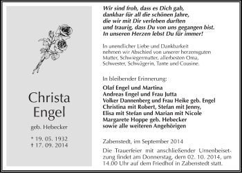 Traueranzeige von Christa Engel von Mitteldeutsche Zeitung Mansfelder Land