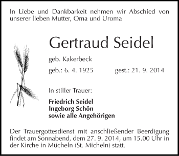 Traueranzeige von Gertraud Seidel von Mitteldeutsche Zeitung Merseburg/Querfurt
