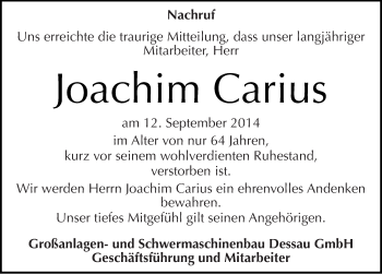 Traueranzeige von Joachim Carius von Mitteldeutsche Zeitung Dessau-Roßlau