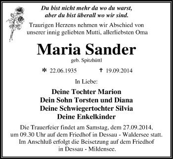 Traueranzeige von Maria Sander von Mitteldeutsche Zeitung Dessau-Roßlau