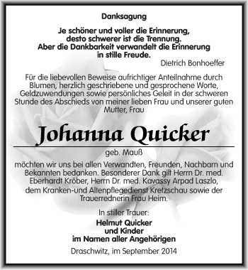 Traueranzeige von Johanna Quicker von Mitteldeutsche Zeitung Zeitz