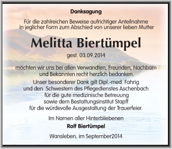 Traueranzeige von Melitta Biertümpel von Mitteldeutsche Zeitung Mansfelder Land