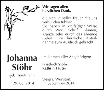Traueranzeige von Johanna Stöhr von Mitteldeutsche Zeitung Merseburg/Querfurt
