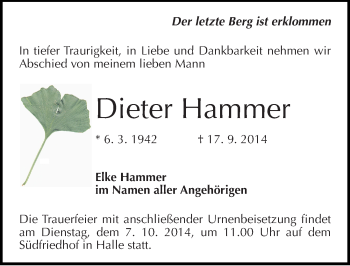 Traueranzeige von Dieter Hammer von Mitteldeutsche Zeitung Halle/Saalkreis