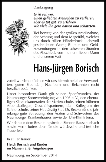 Traueranzeige von Hans-Jürgen Borisch von Mitteldeutsche Zeitung Naumburg/Nebra