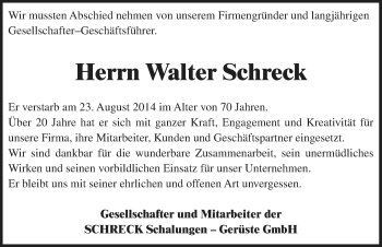 Traueranzeige von Walter Schreck von Mitteldeutsche Zeitung Dessau-Roßlau