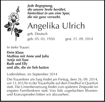 Traueranzeige von Angelika Ulrich von Mitteldeutsche Zeitung Merseburg/Querfurt