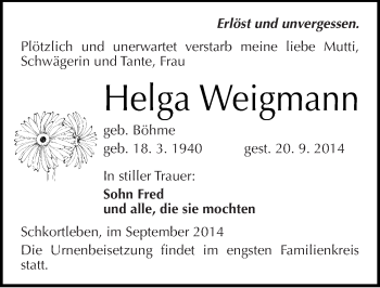 Traueranzeige von Helga Weigmann von Mitteldeutsche Zeitung Weißenfels