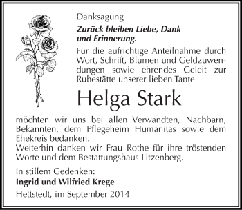 Traueranzeige von Helga Stark von Mitteldeutsche Zeitung Mansfelder Land