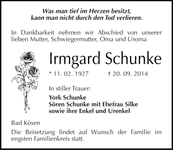 Traueranzeige von Irmgard Schunke von Mitteldeutsche Zeitung Naumburg/Nebra