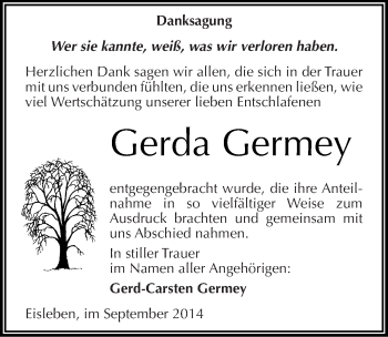 Traueranzeige von Gerda Germey von Mitteldeutsche Zeitung Mansfelder Land