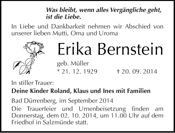Traueranzeige von Erika Bernstein von Mitteldeutsche Zeitung Merseburg/Querfurt