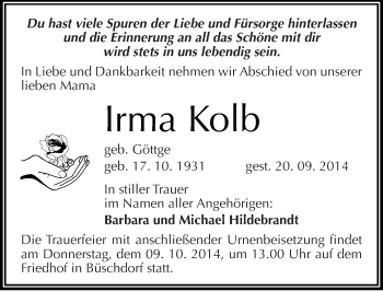 Traueranzeige von Irma Kolb von Mitteldeutsche Zeitung Halle/Saalkreis